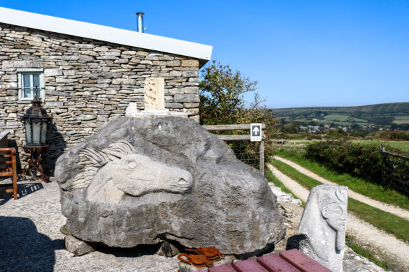 Carving of horse's head at entrance to Burngate Stone Carving Centre