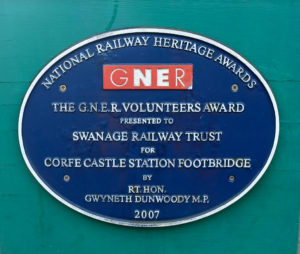 2007 GNER volunteers award plaque at Corfe Castle train station