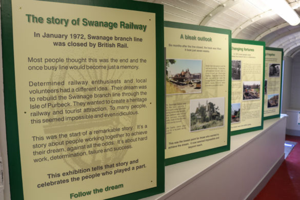 Swanage Railway museum information boards in the exhibition coach
