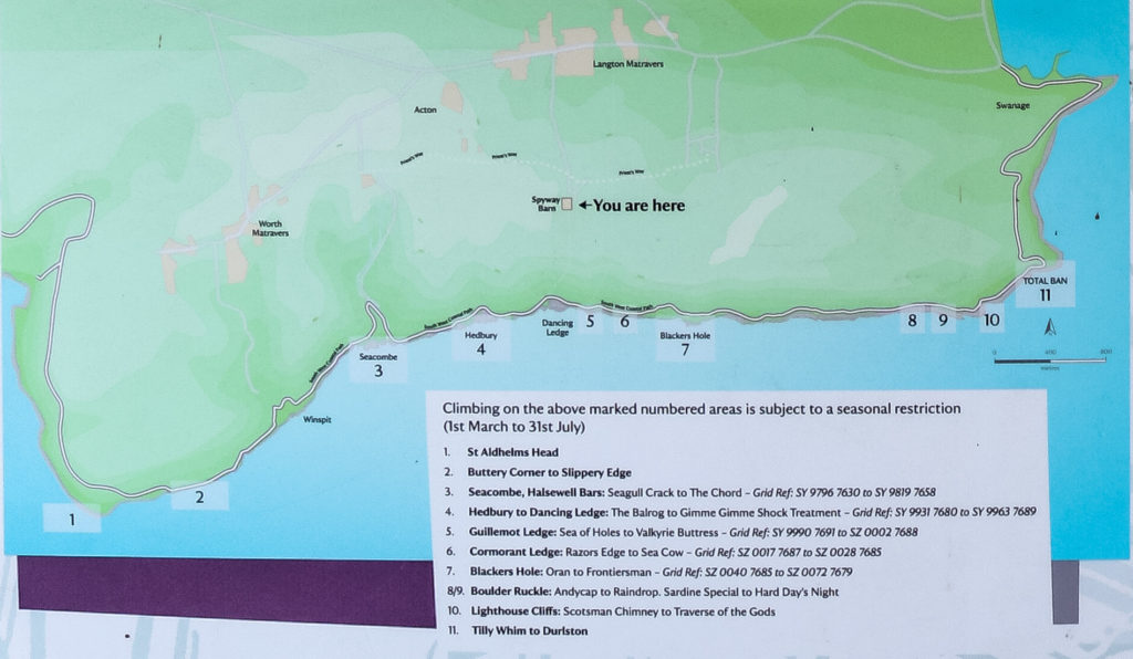Dancing Ledge climbing restrictions information map