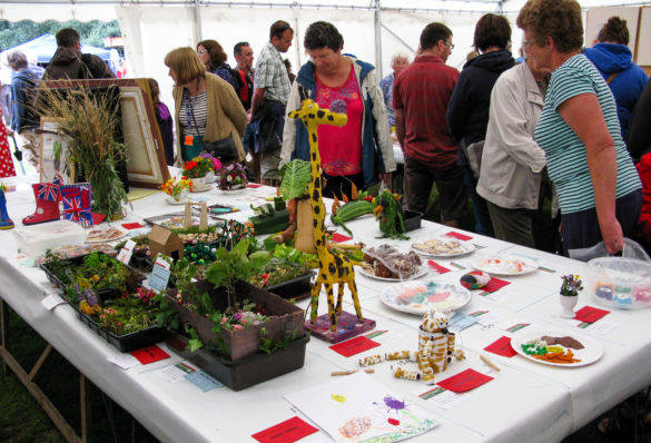 Flower and craft stall in tent of Harman's Cross village fayre