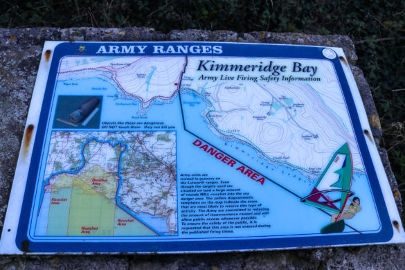 Lulworth Ranges danger area information board in Kimmeridge Bay