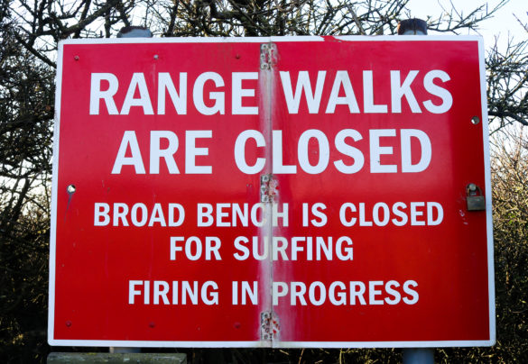 Sign at Kimmeridge Bay warning that Range Walks and Broach Bench are closed