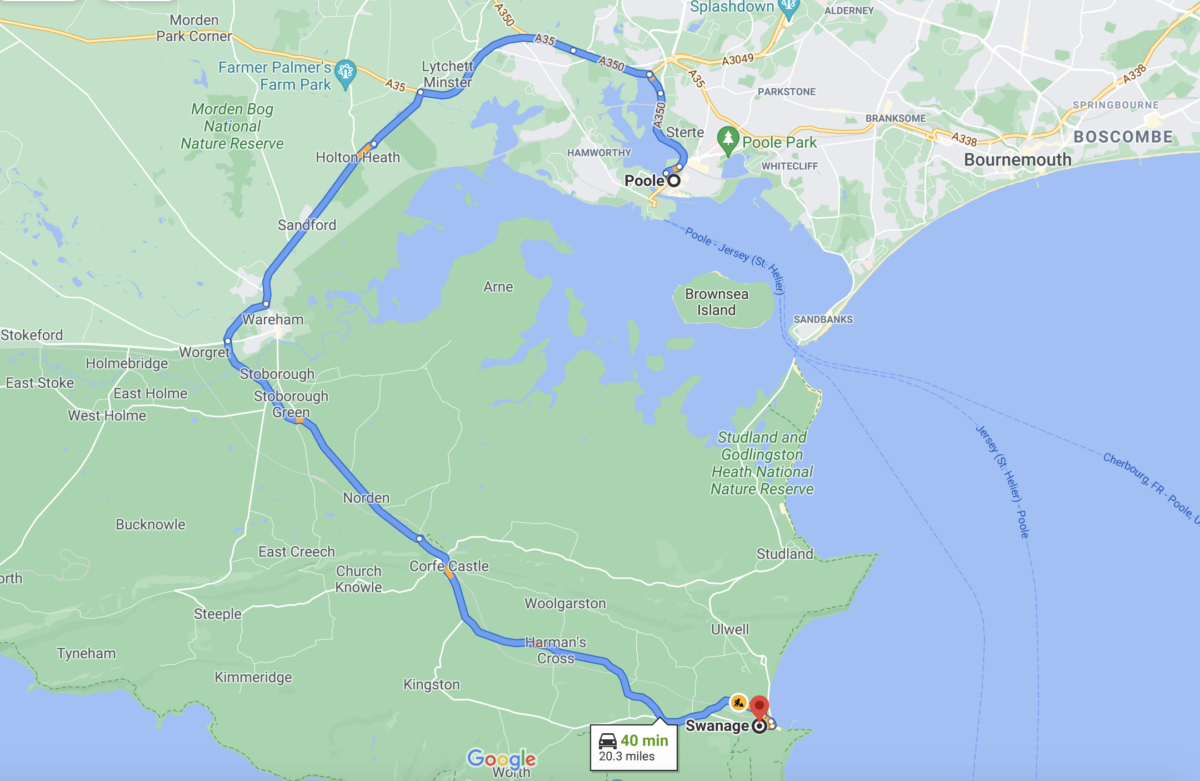 Google Map showing driving route from Poole to Swanage
