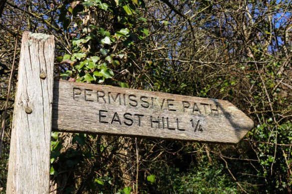 East Hill permissive path sign for the Purbeck Hills in Corfe Castle