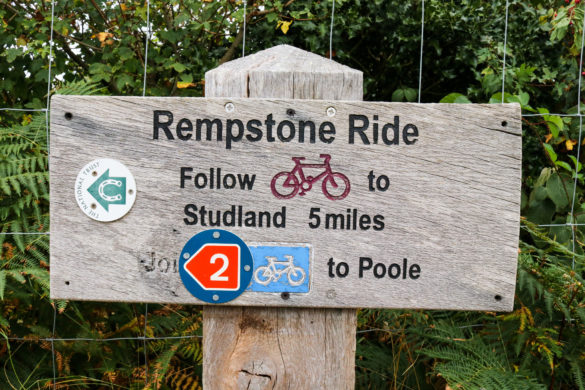 Signpost for Rempstone Ride route on the road toward Arne