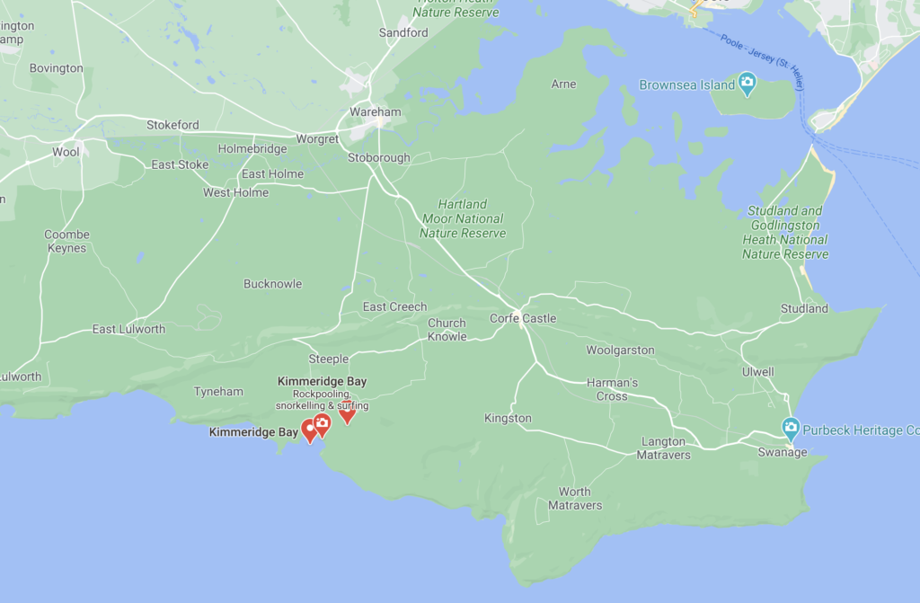 Screenshot Google maps showing Kimmeridge Bay location