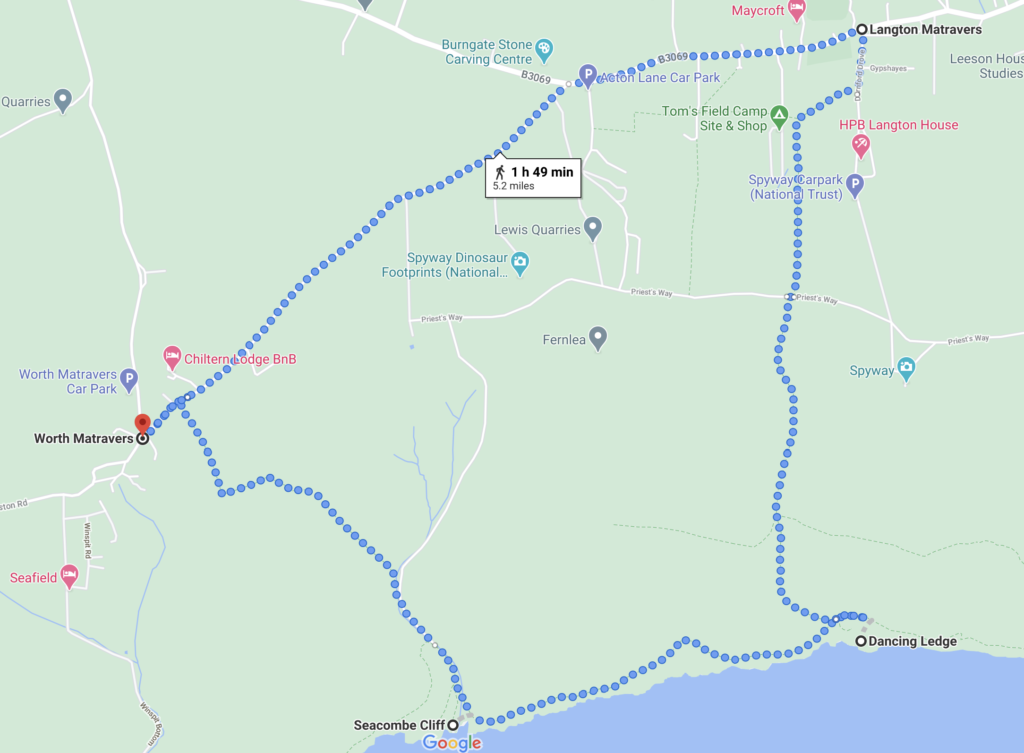 Google Maps showing circular walking route to Dancing Ledge
