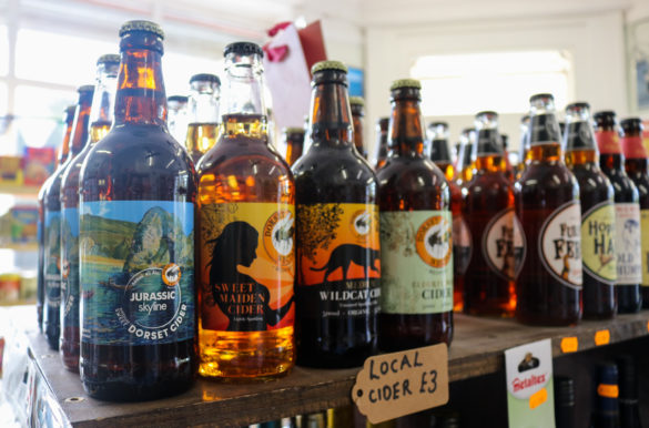 Jurassic-themed ciders on a shelf in Studland Stores