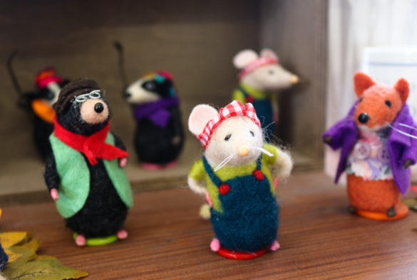 Mole and mouse felted souvenirs for sale at Studland Stores