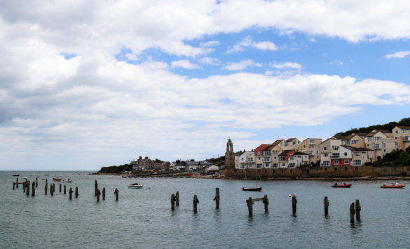 Wellington Clock Tower and old pier in Swanage
