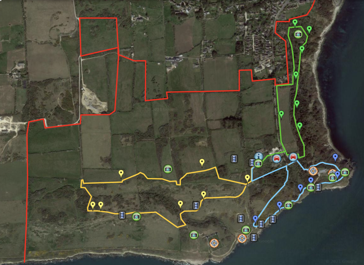 Google Maps showing three different walking routes and points of interest around Durlston Country Park 