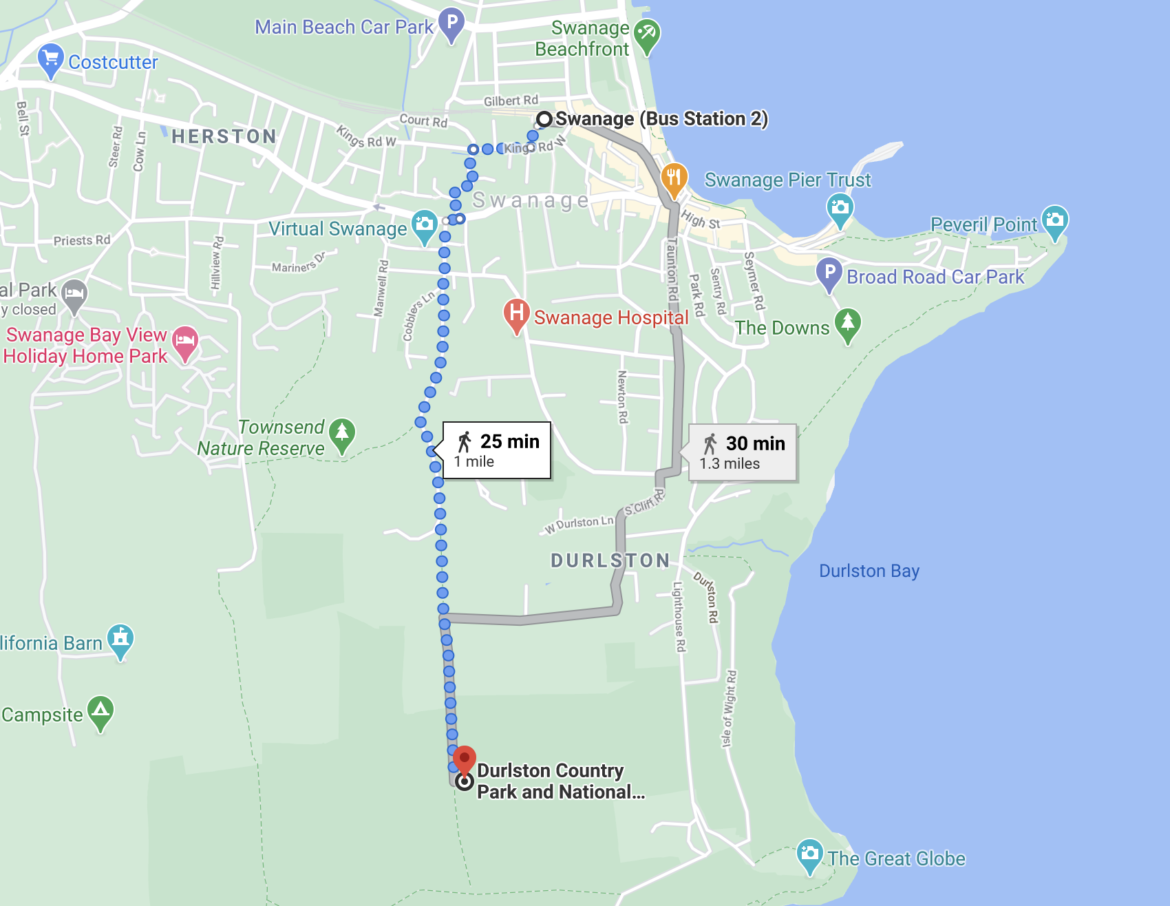 Google Maps showing two alternative walking routes from Swanage Station to Durlston Country Park