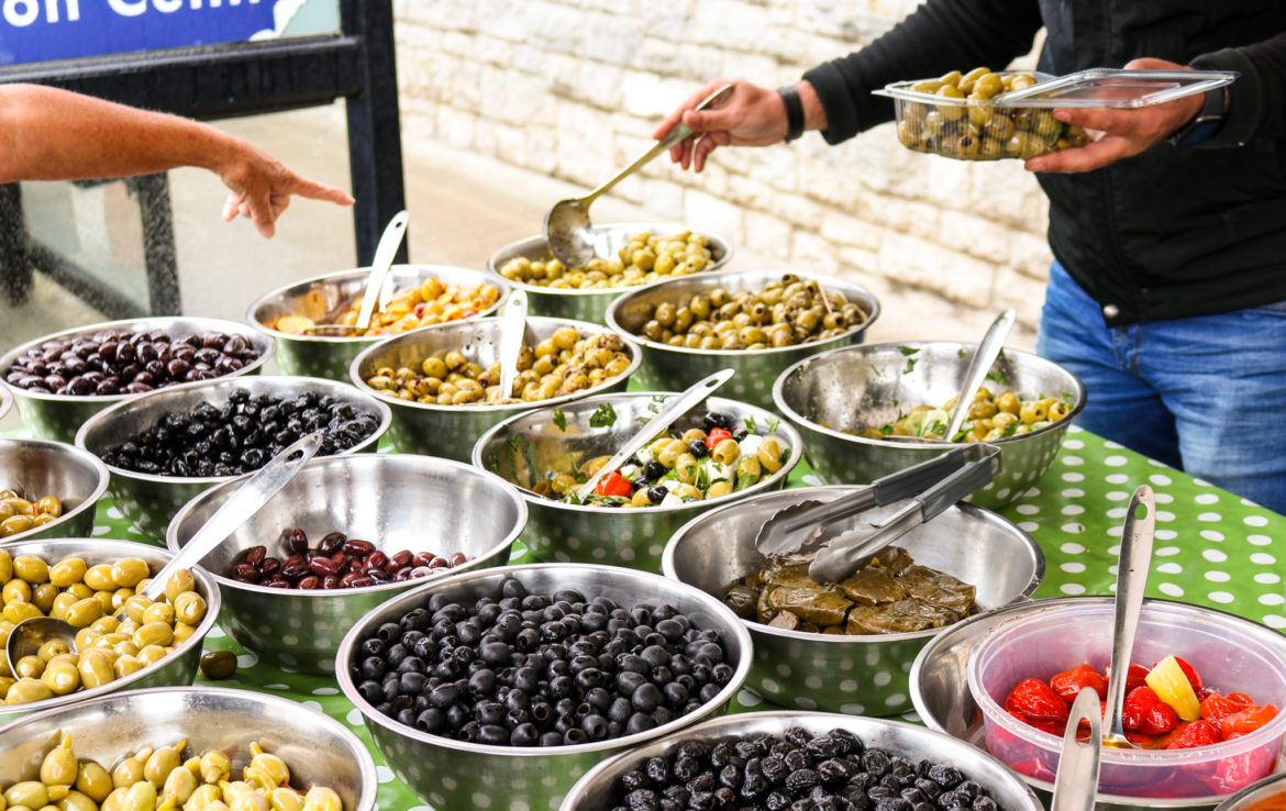 Bowls of olives in Wareham market