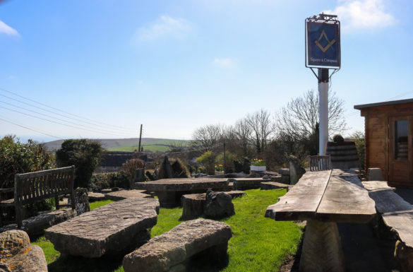 Stone seating in the beer garden of the Square and Compass in Worth Matravers