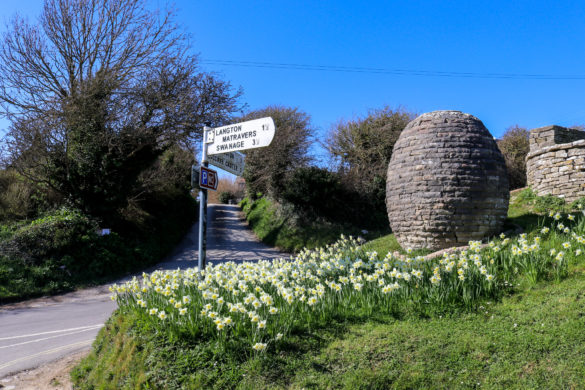Purbeck stone egg sculpture in the village of Worth Matravers