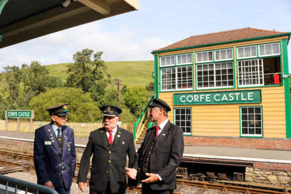 Corfe Castle railway station station volunteers chatting