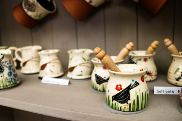 Ceramic salt pot with bird at the Purbeck Artisan Yard in Wareham