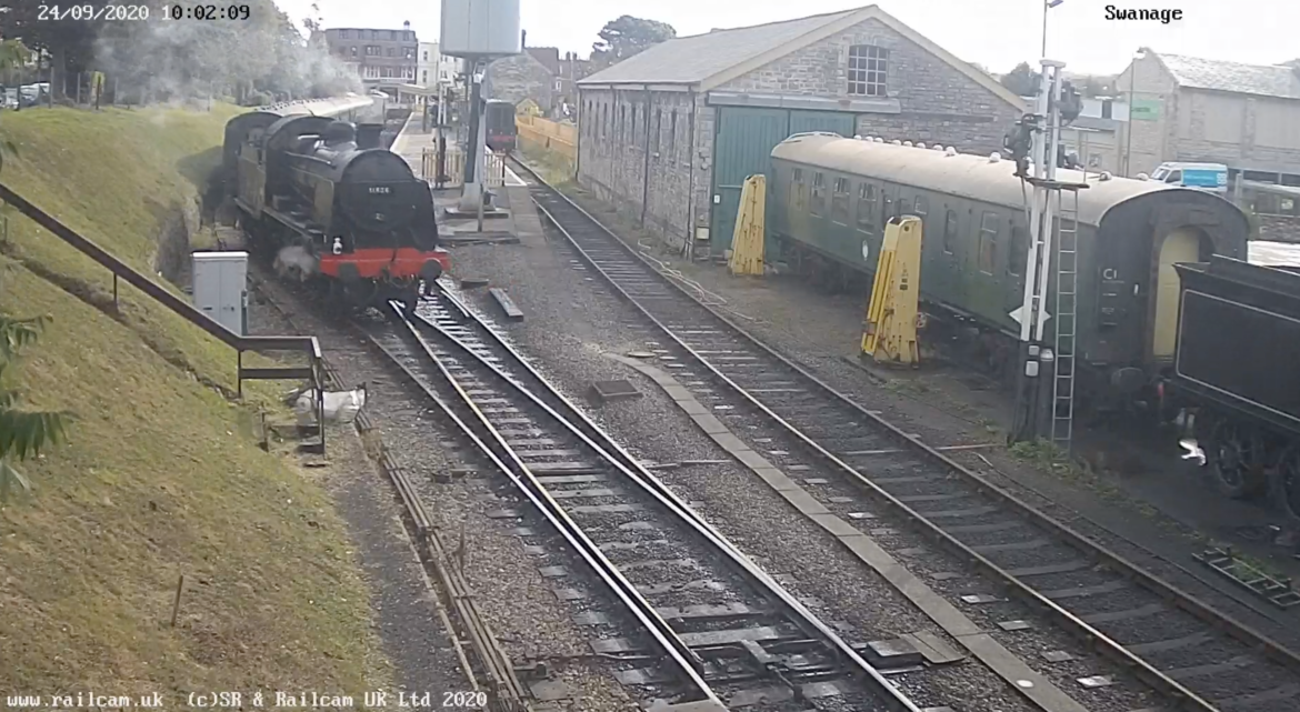 Screenshot of Swanage Railway webcam with steam train reversing