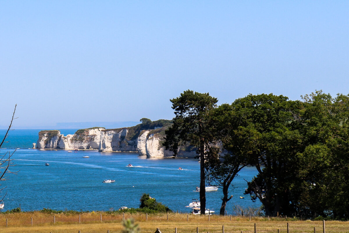 Old Harry Rocks with boats and trees