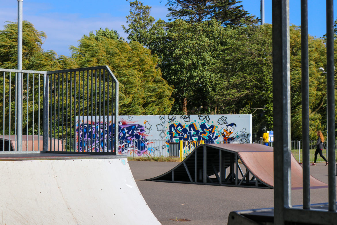 Ramps and graffiti wall in Swanage skate park