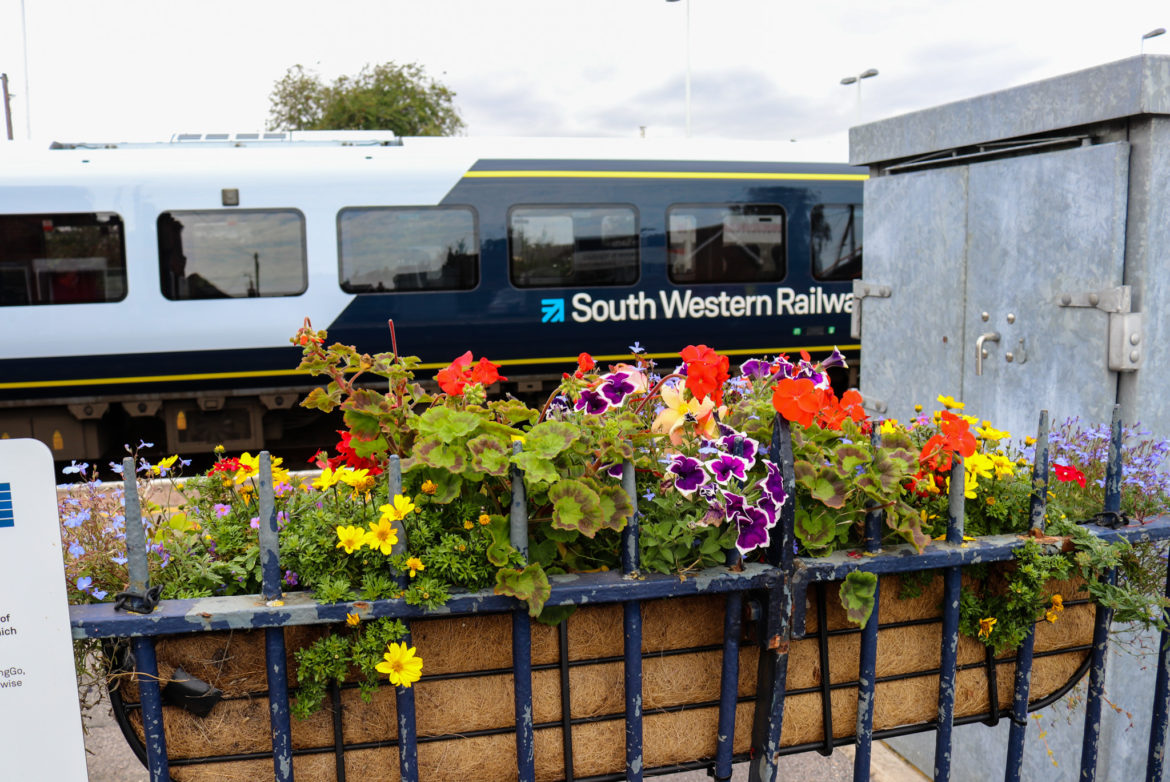 South Western Railway train pulling in to Wareham Station
