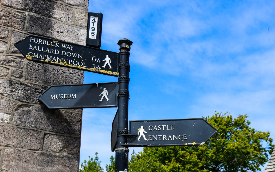 Signs to castle and museum in Corfe Castle