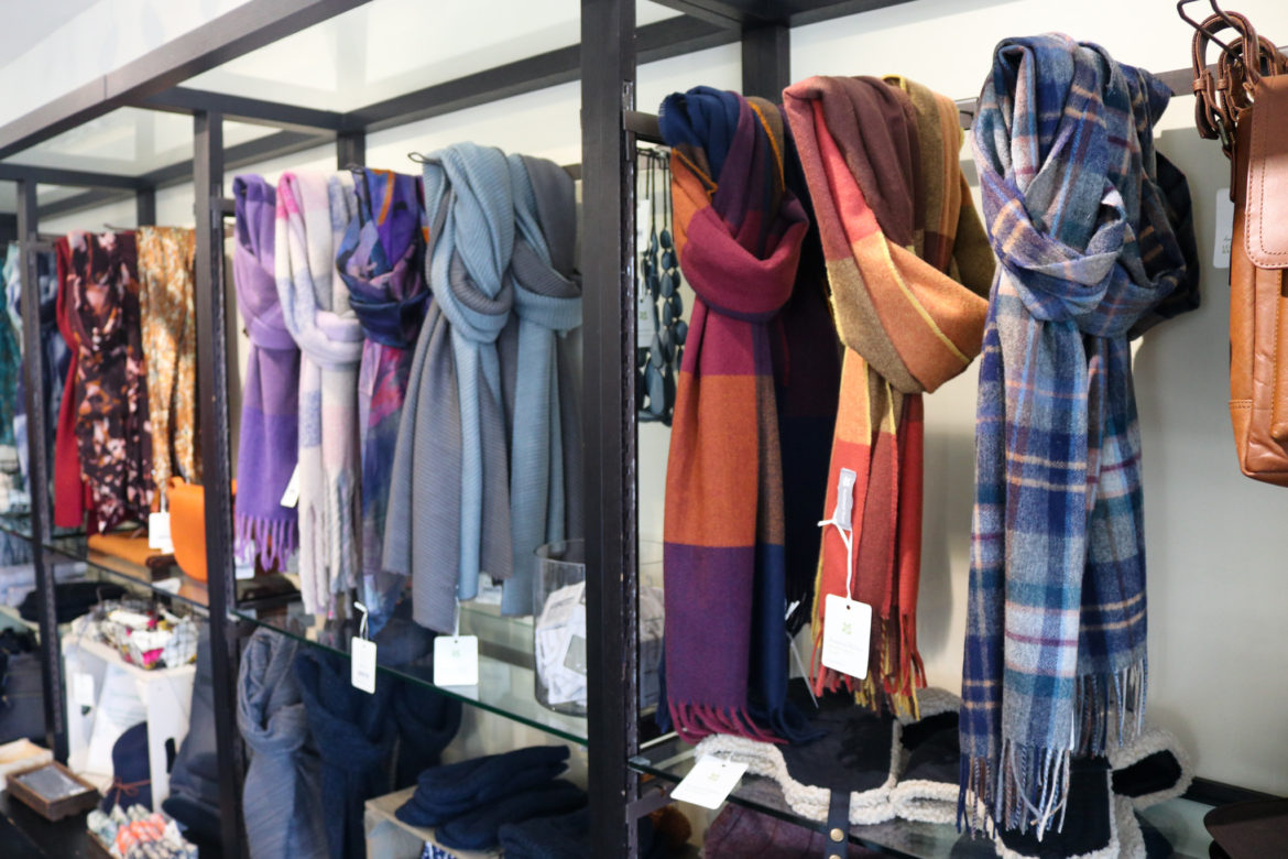 Scarves on display at Corfe Castle's National Trust shop
