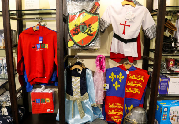 Medieval fancy dress merchandise in the National Trust shop in Corfe Castle