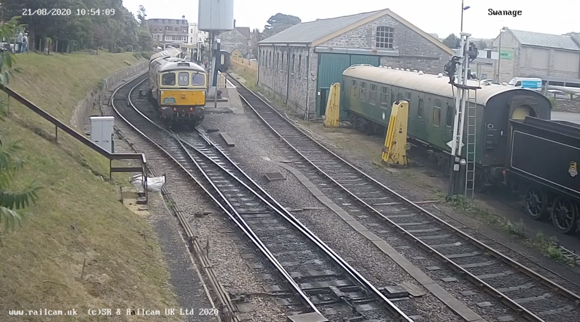 Screenshot Swanage Station webcam with yellow train