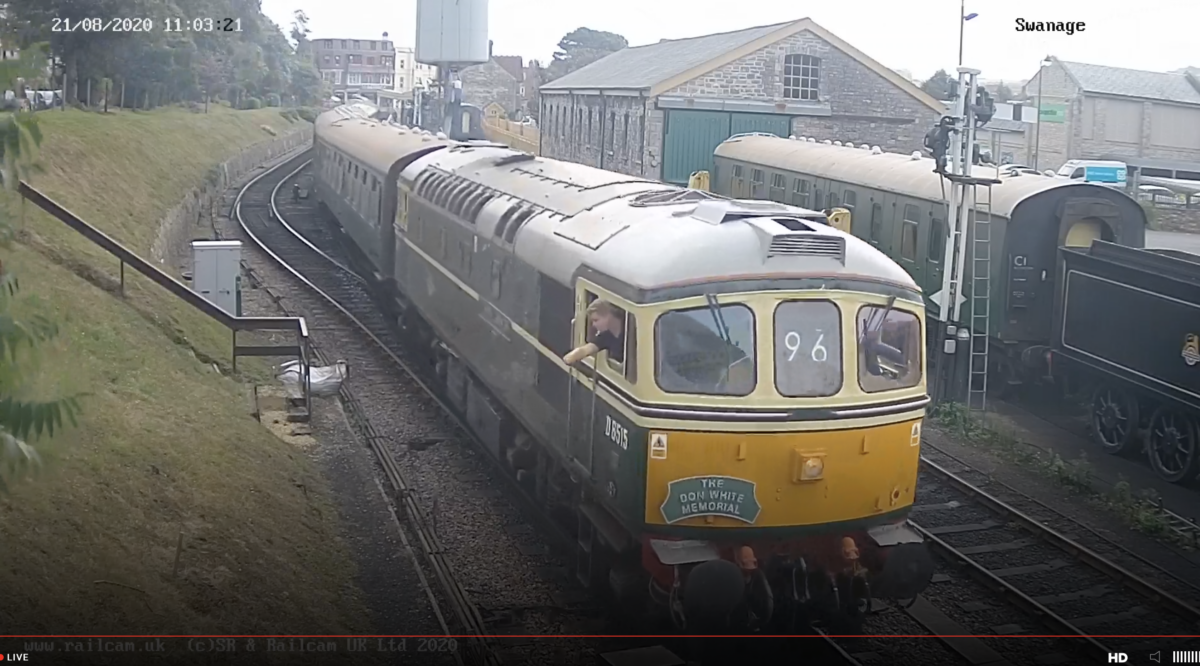 Webcam screenshot diesel train leaving Swanage station