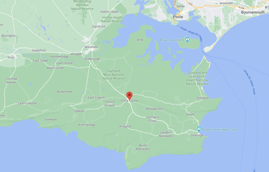 Google maps screenshot showing Corfe Castle location