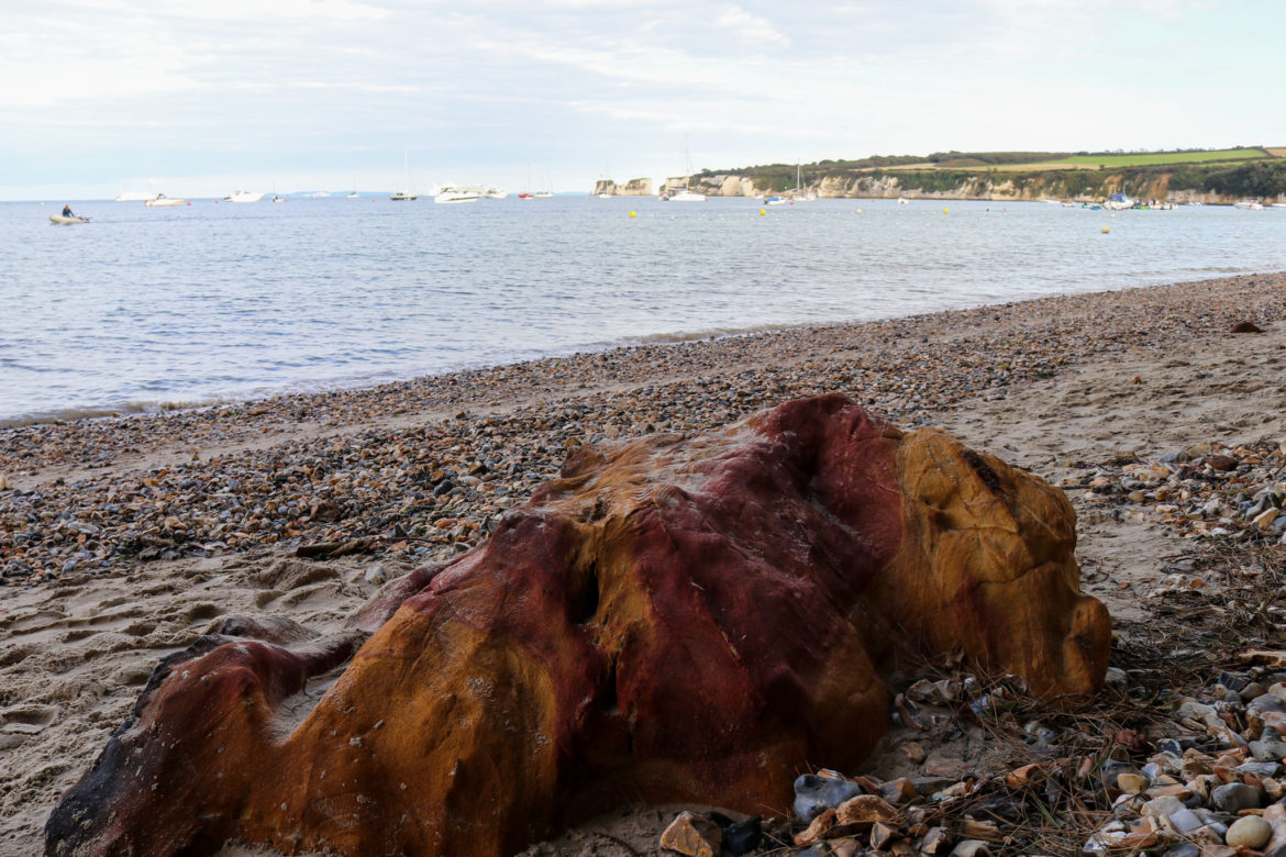 Red and yellow sandstone rock on South Beach, Studland