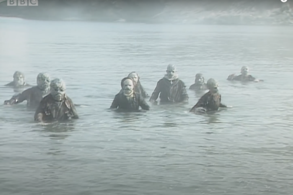Doctor Who monsters coming out of the sea at Lulworth Cove during filming for The Curse of Fenric