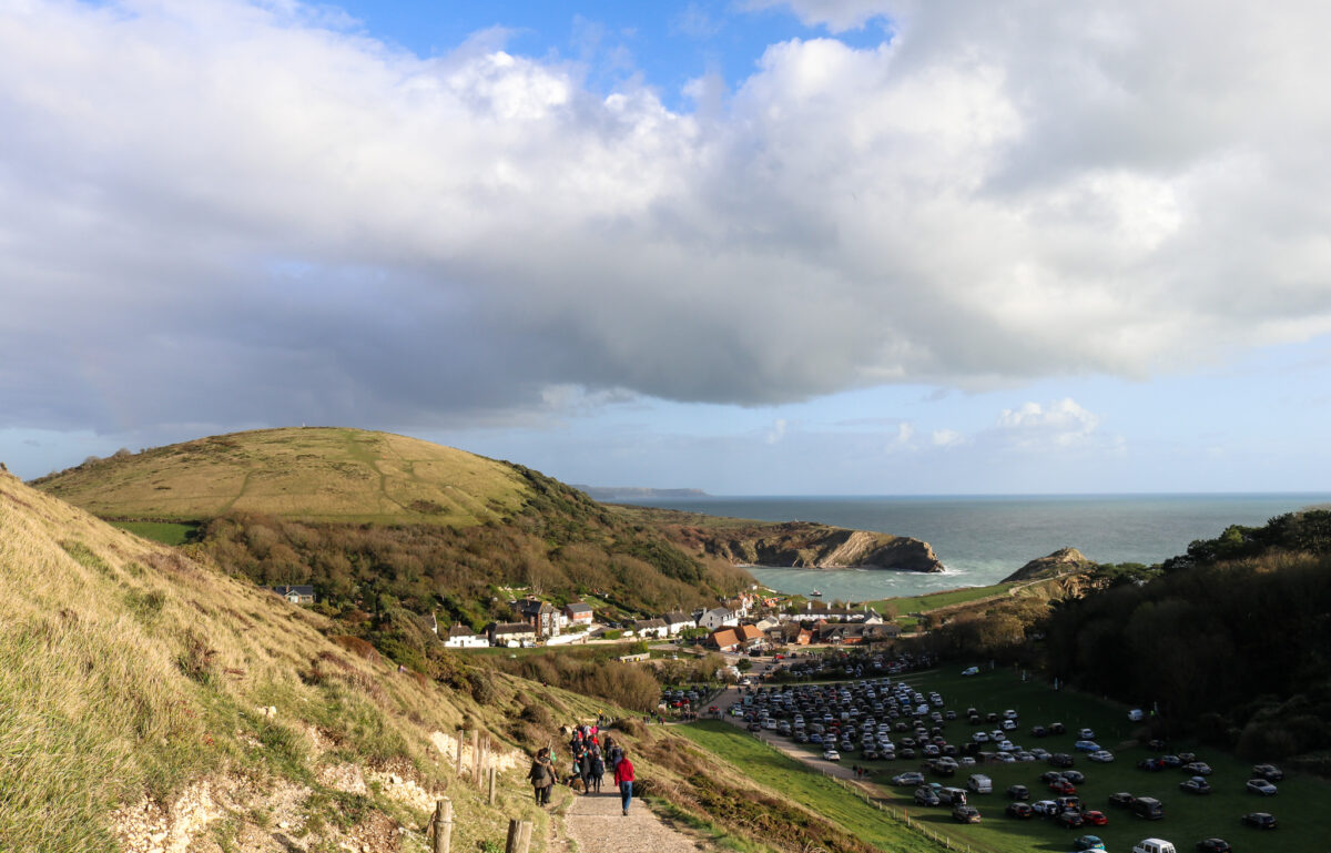 View of Lulworth car park from Durdle Door path