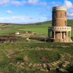 Original site of Clavell Tower with newly positioned tower in background