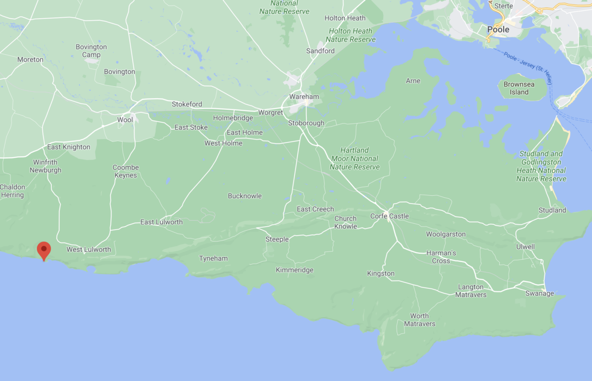 Google Maps showing pin of the location of Dorset's Durdle Door
