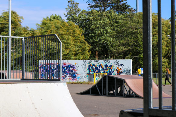 Skate ramps and graffiti wall at King George's park, Swanage