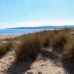 Sand dunes at Studland Naturist Beach, looking across the sea to Old Harry Rocks