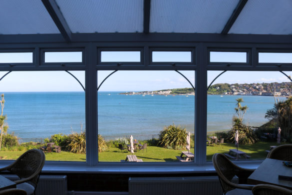 Sea view through the windows of The Grand, Swanage