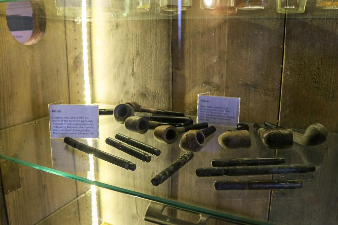 Salvaged clay pipes and pens, Swanage Pier exhibition
