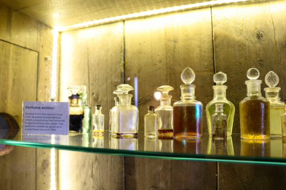 Salvaged perfume bottles on display by the Swanage Pier Trust