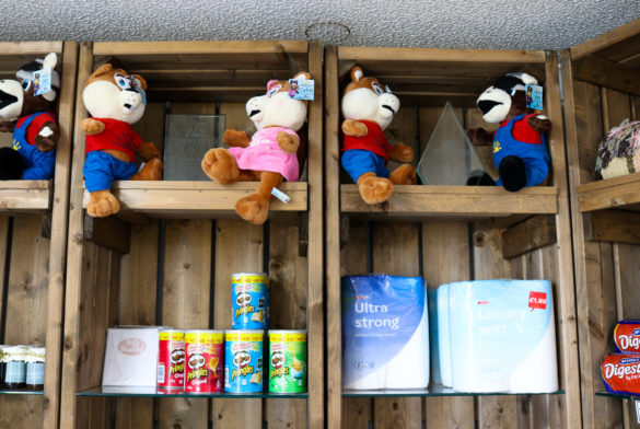 Soft toys, crisps, biscuits, toilet roll for sale at the Swanage Coastal Park Reception area
