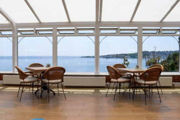 The sea of Swanage Bay seen through the Grand Hotel's conservatory window
