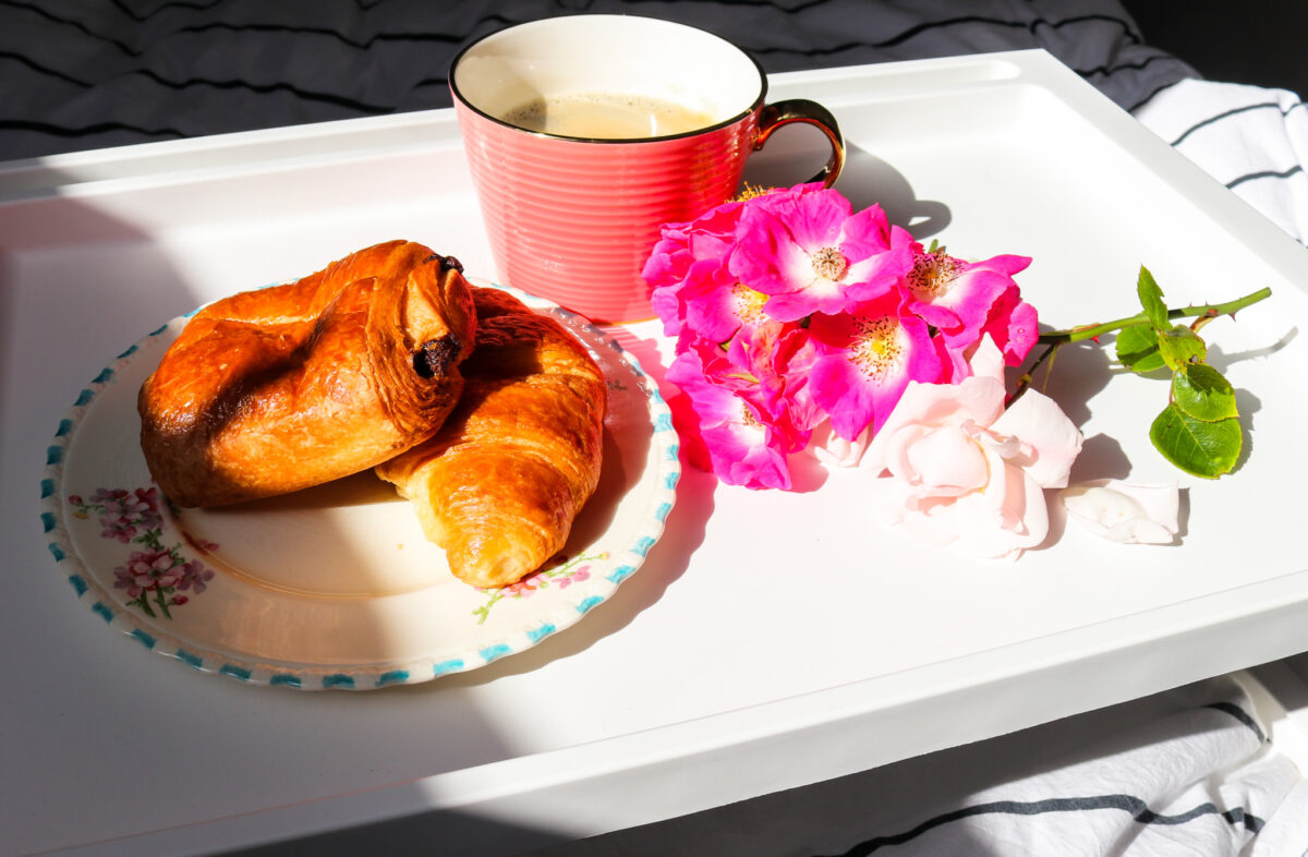 Morning pastries and coffee on a tray, Swanage Airbnb