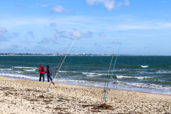 People walking along beach past fishing rods