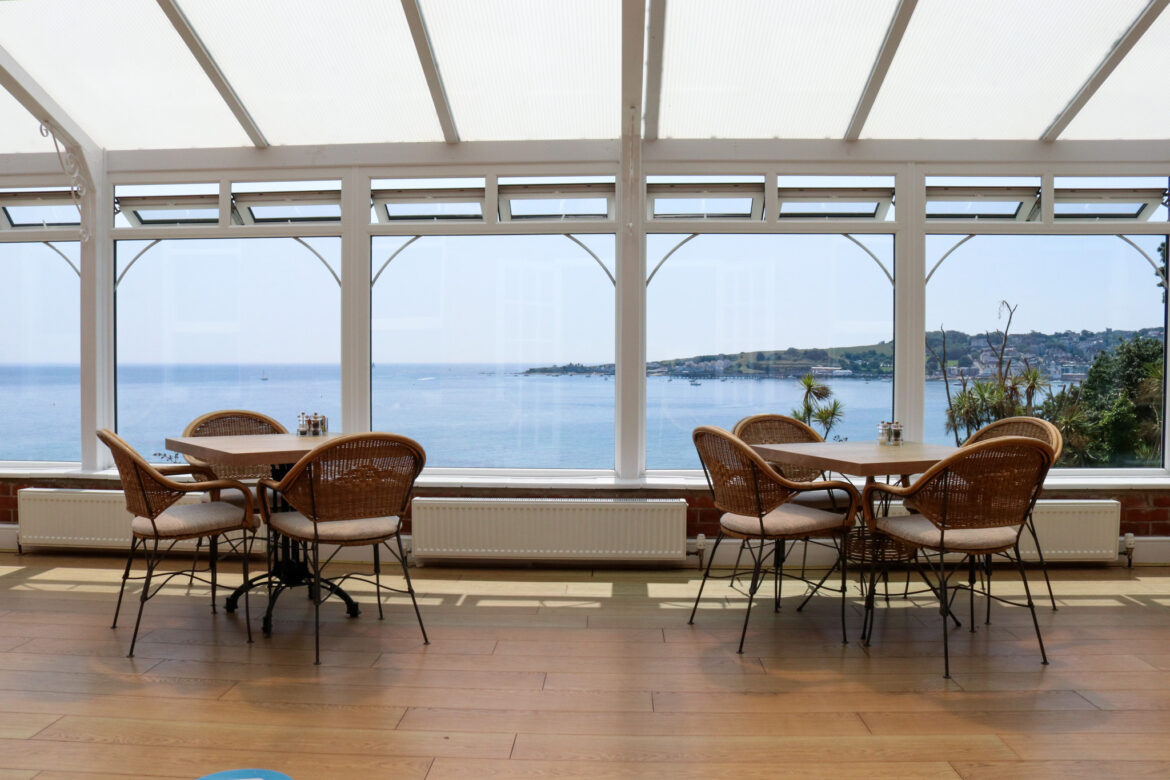 View of the sea through the conservatory windows of The Grand Hotel, Swanage