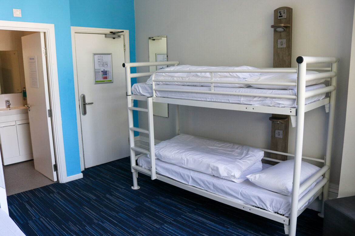 Bunk beds in a family, ensuite room at Swanage youth hostel
