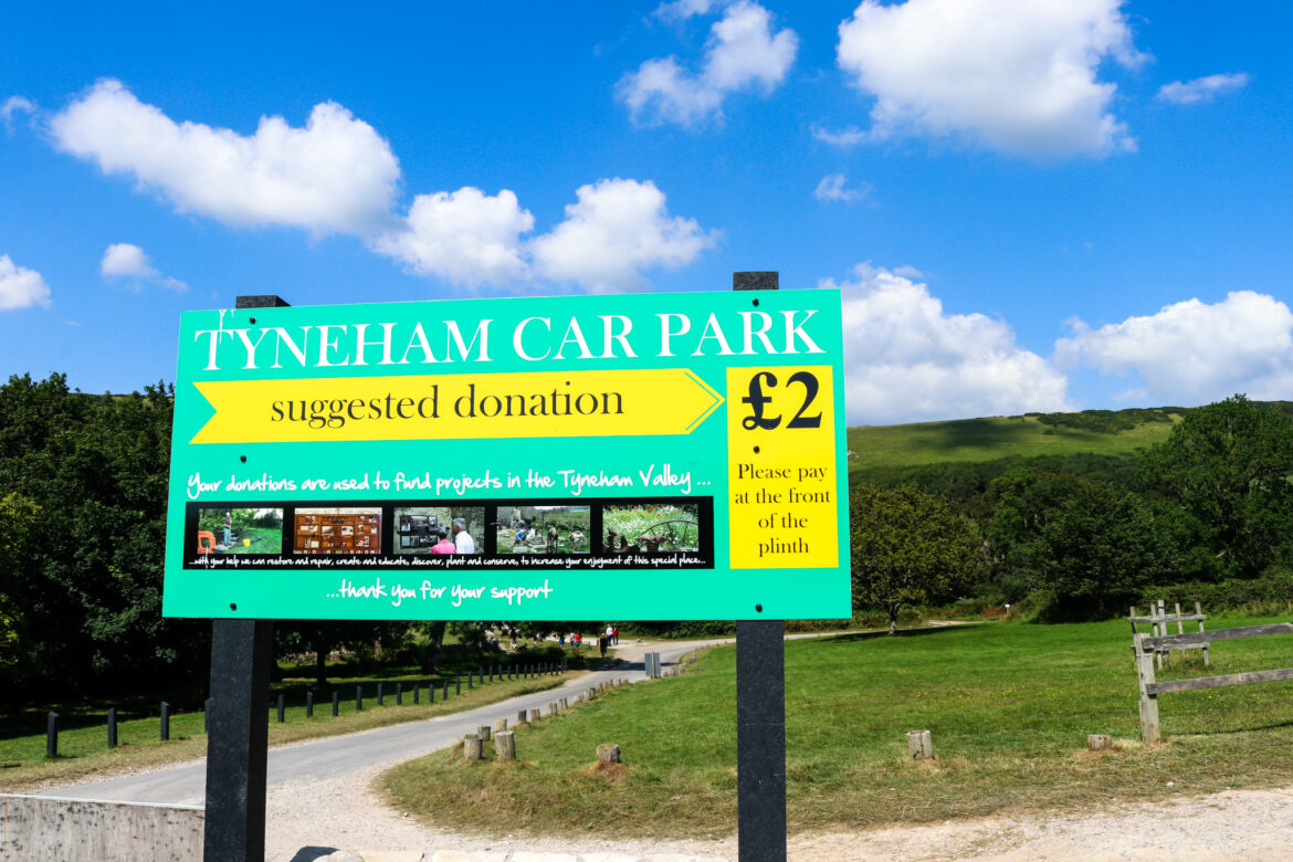 Car parking £2 donation sign in Tyneham, Purbeck