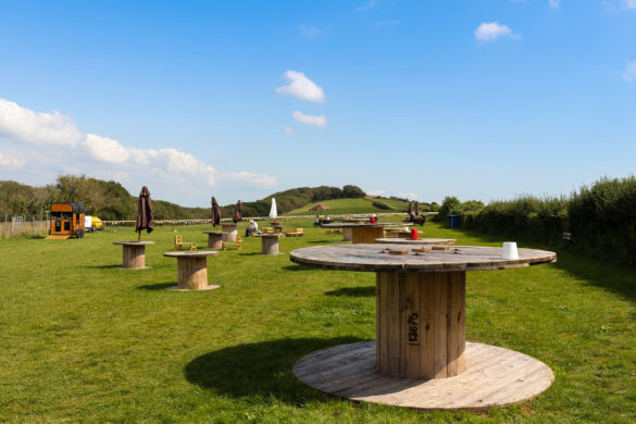 Upcycled café furniture at the Purbeck pop-up on the hill